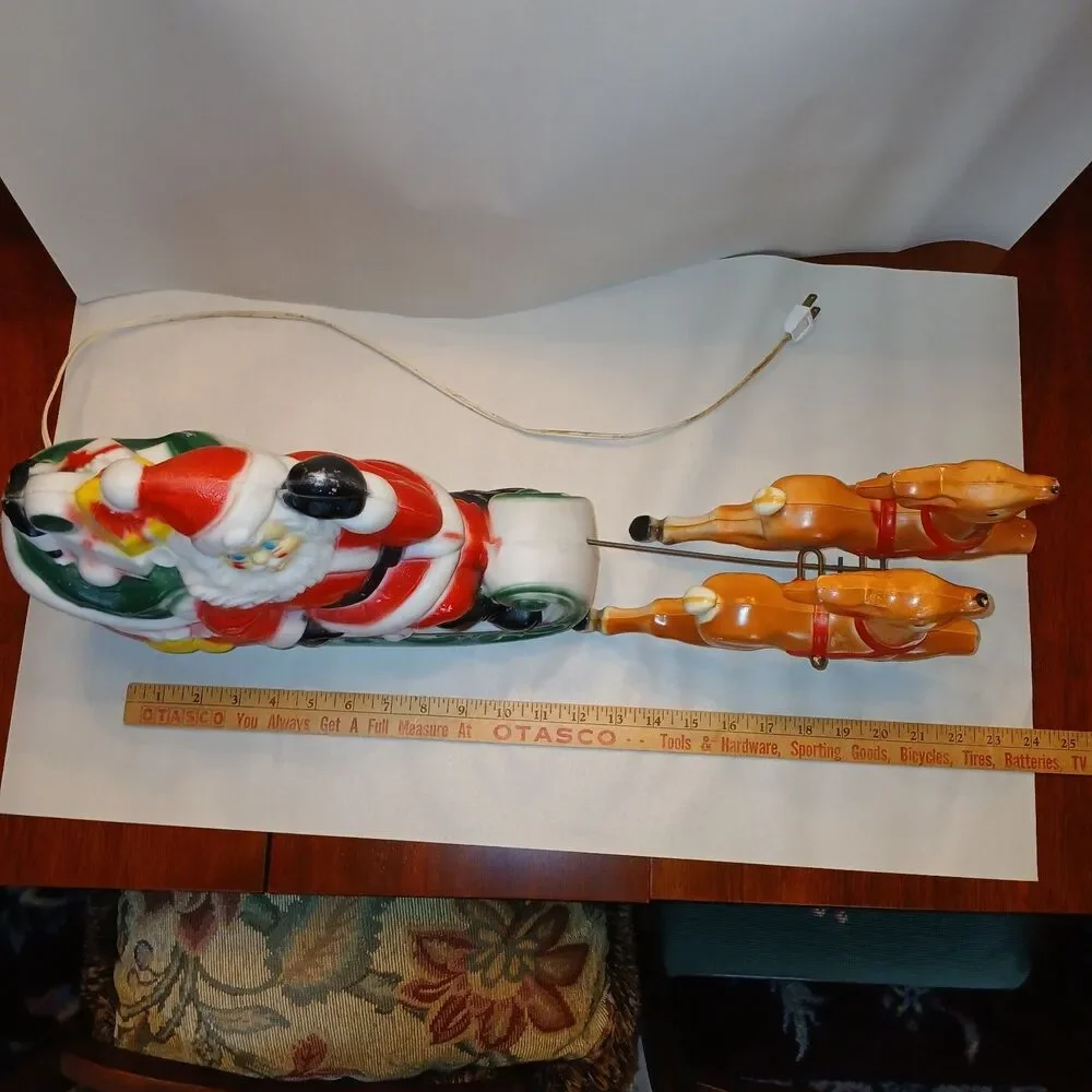 Vtg Empire Santa Sleigh & 2 Reindeer Blow Mold Christmas Light Up Figure 22 inch